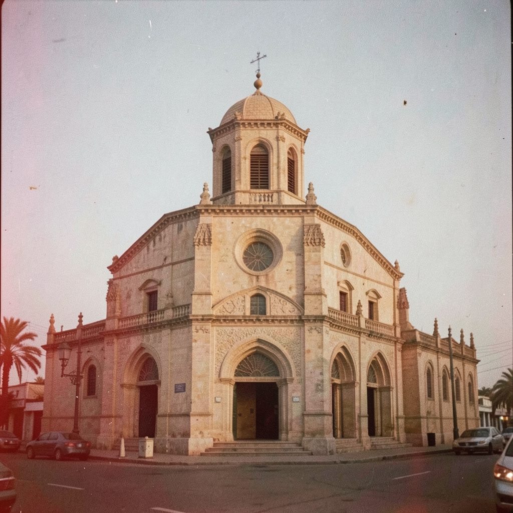 Vue d'une cathédrale de style colonial sous un ciel clair, tons beige et bleu doux, photographie argentique granuleuse