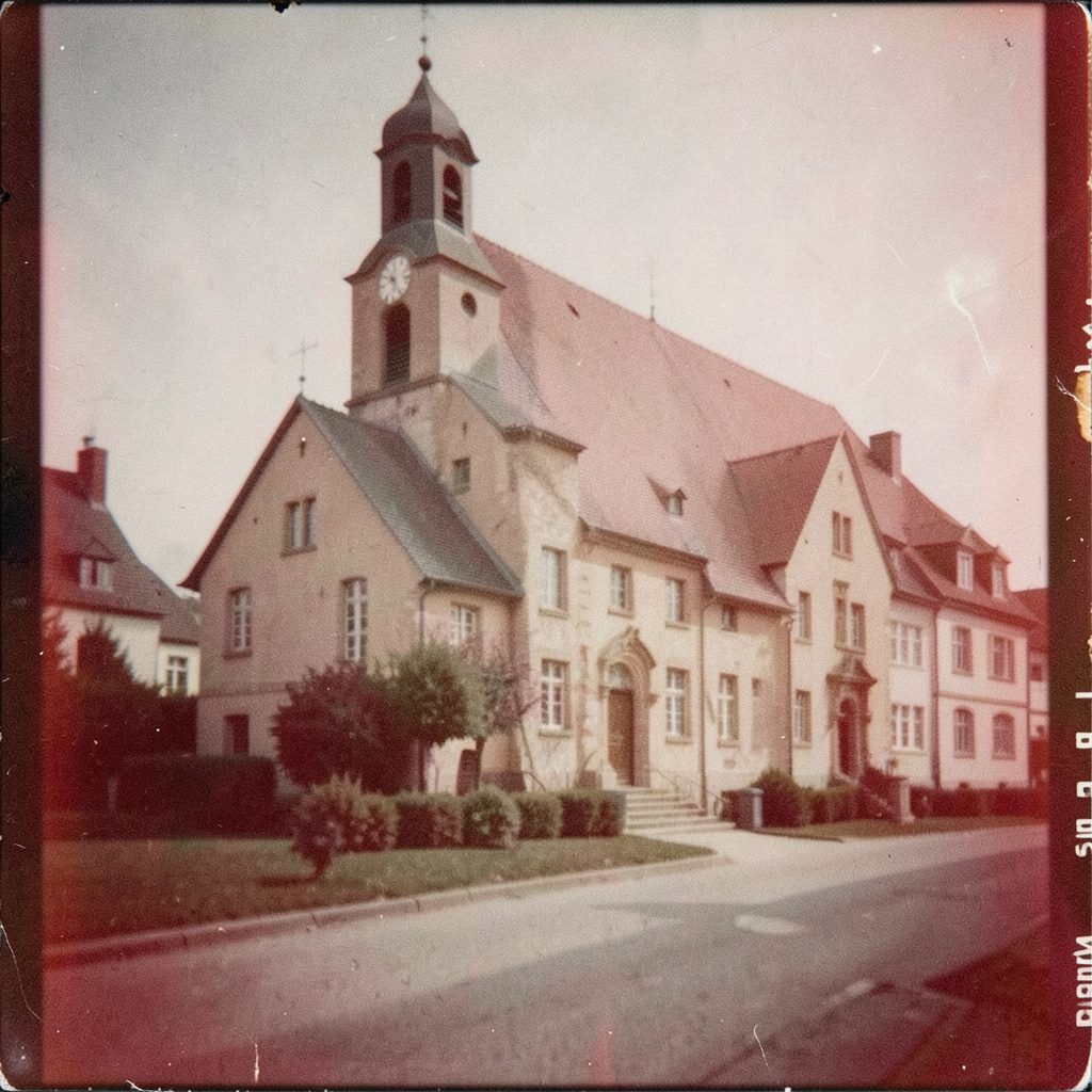 Vue générale de plusieurs paroisses et bâtiments religieux disposés côte à côte, palette terreuse, rendu photographique granuleux